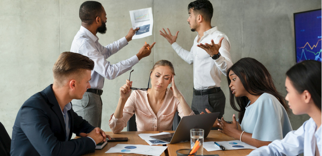 workplace conflicts stressed group of business people having disagreements during corporate